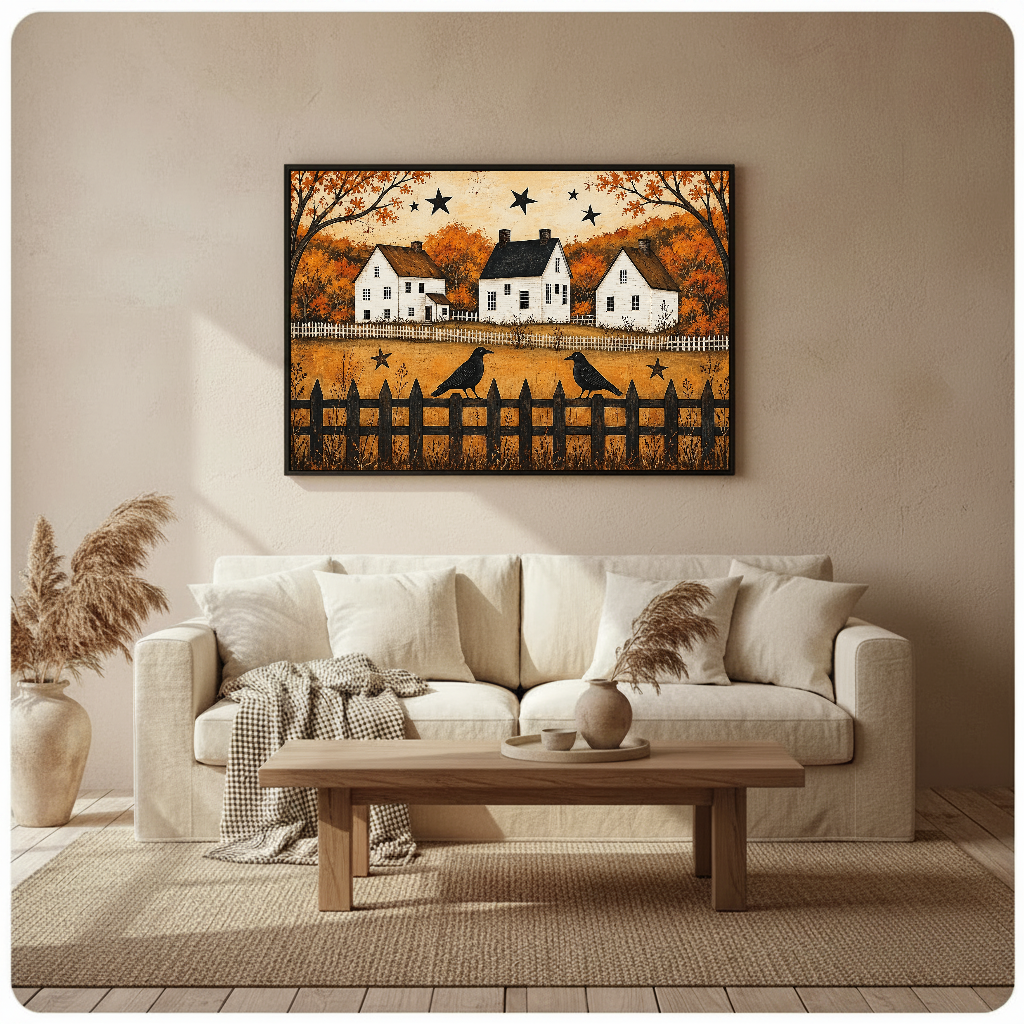 Framed autumn crows and cottages wall art displayed above a neutral sofa with soft cushions.
