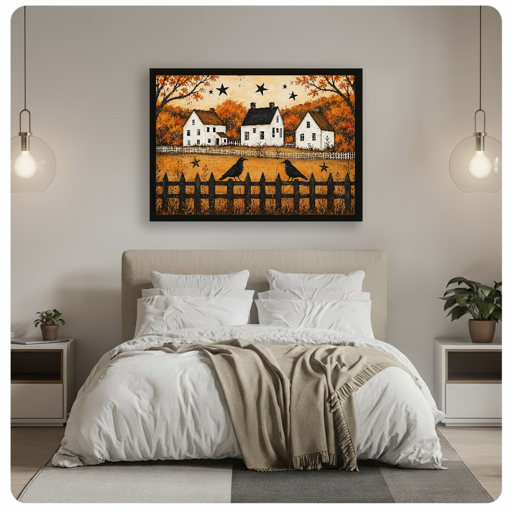 Horizontal autumn crows and cottages canvas artwork above a bed in a calm bedroom setting.