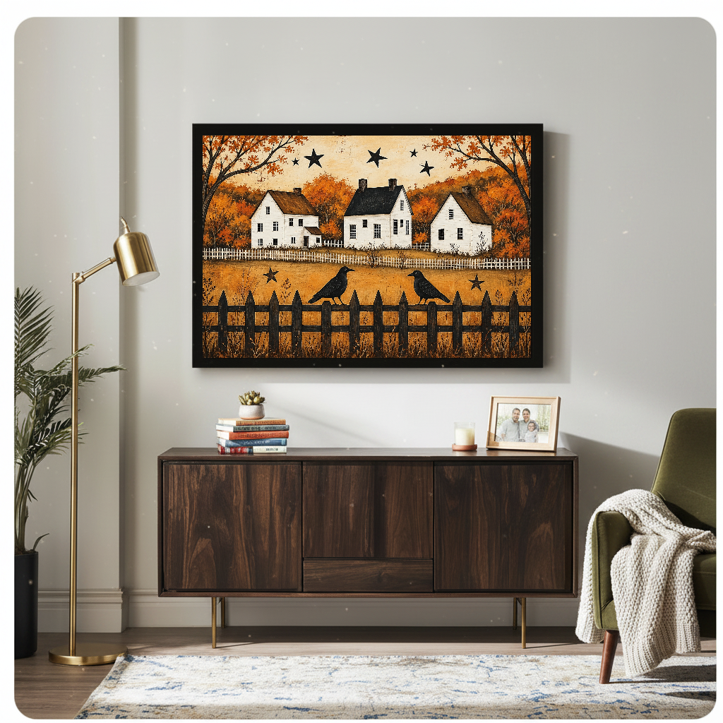 Framed autumn crows and cottages artwork displayed above a wooden cabinet with decorative accents.