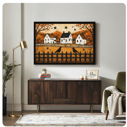 Framed autumn crows and cottages artwork displayed above a wooden cabinet with decorative accents.