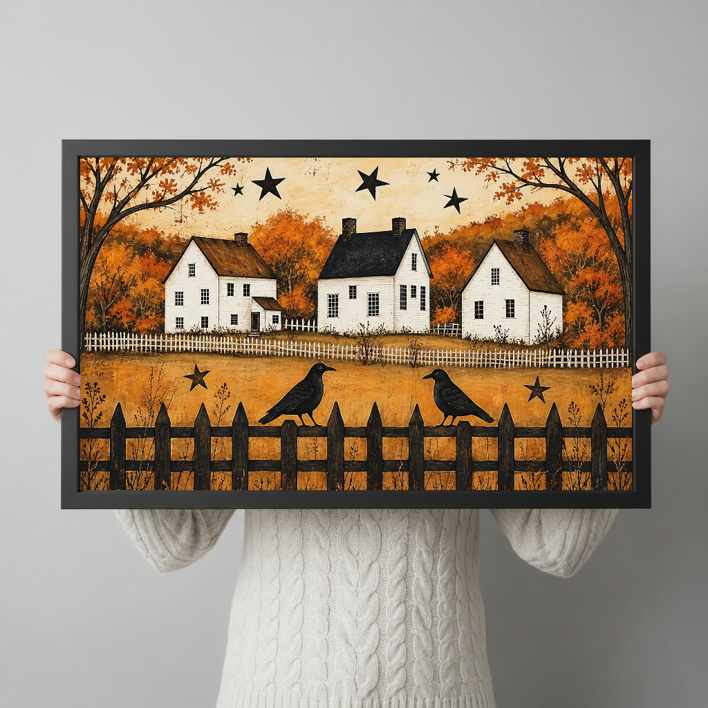 A person holds framed autumn crows and cottages artwork to show its horizontal shape and scale.