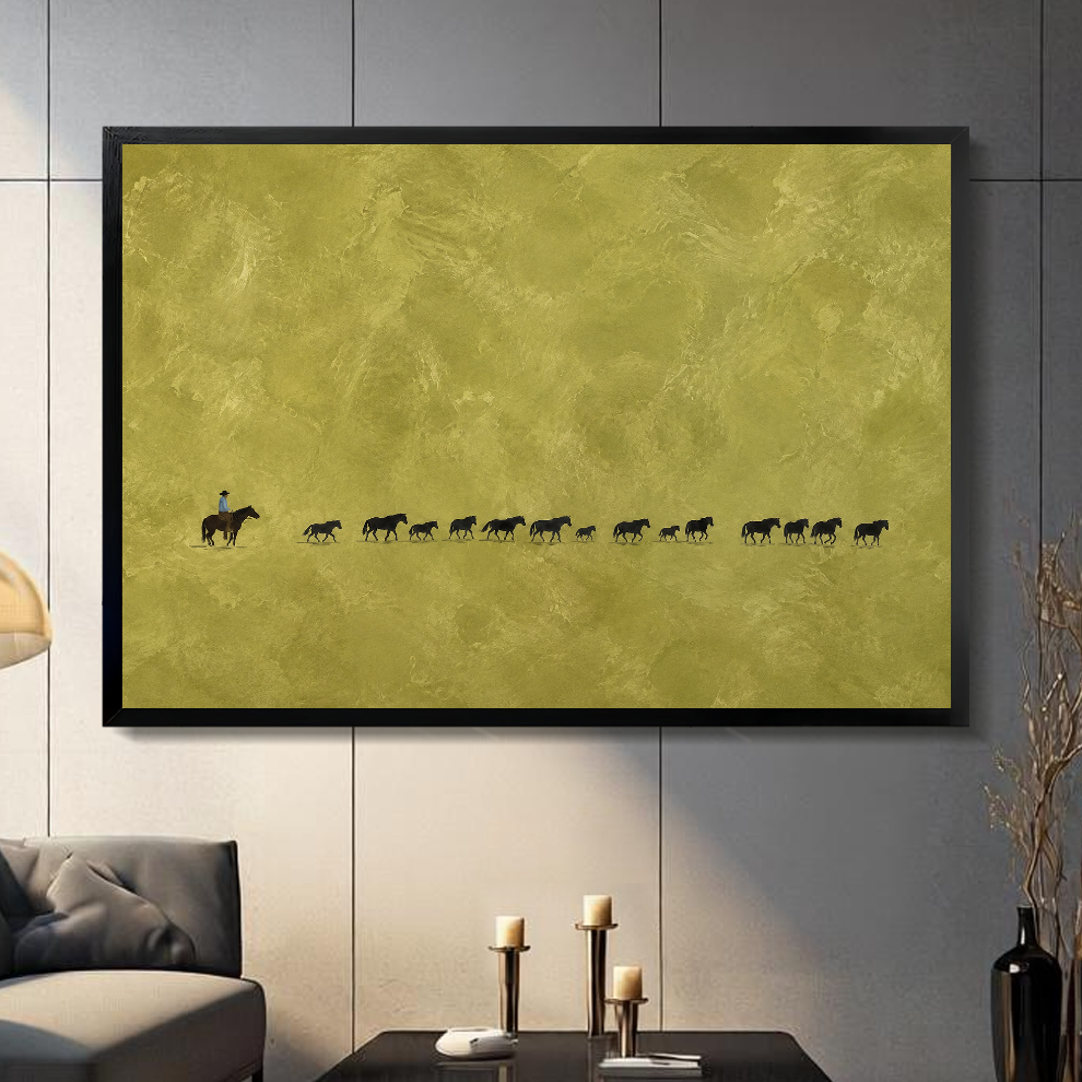 Black framed cowboy and cattle trail canvas artwork displayed on a gray wall in a neutral room.