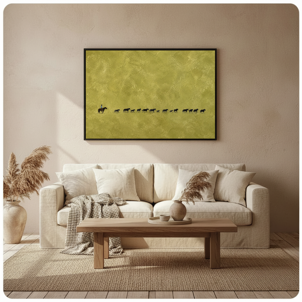 Framed cowboy and cattle trail wall art displayed above a neutral sofa with soft cushions.