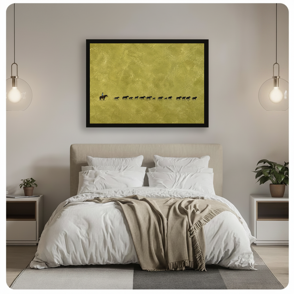 Horizontal cowboy and cattle trail canvas artwork above a bed in a calm bedroom setting.