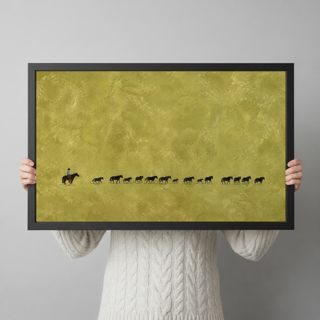 A person holds framed cowboy and cattle trail artwork to show its horizontal shape and scale.