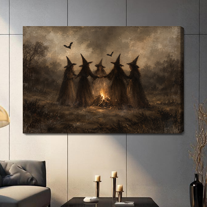 Stretched canvas witches around a bonfire artwork with visible side depth against a gray wall.