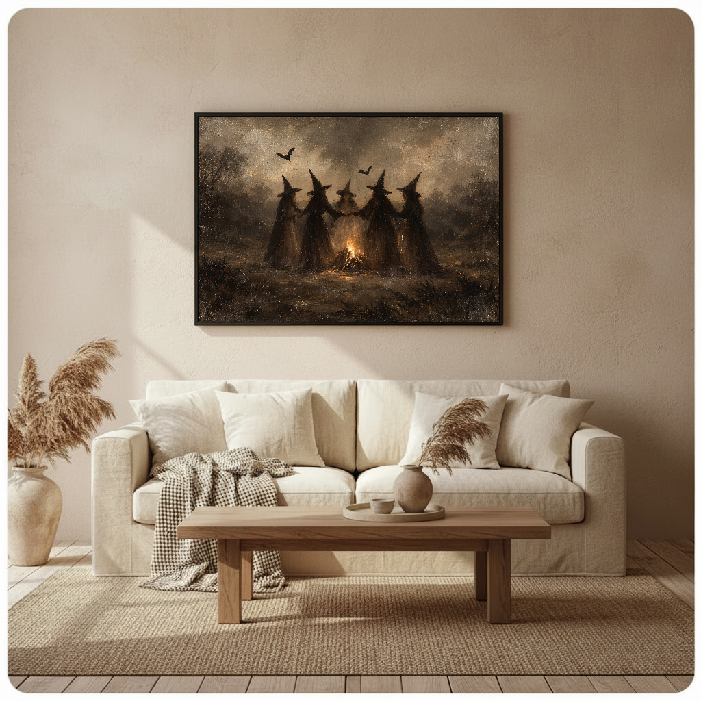 Framed witches around a bonfire wall art displayed above a neutral sofa with soft cushions.