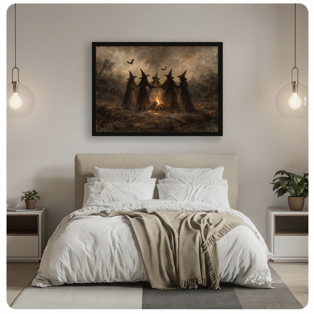 Horizontal witches around a bonfire canvas artwork above a bed in a calm bedroom setting.