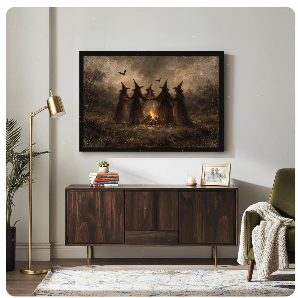 Framed witches around a bonfire artwork displayed above a wooden cabinet with decorative accents.