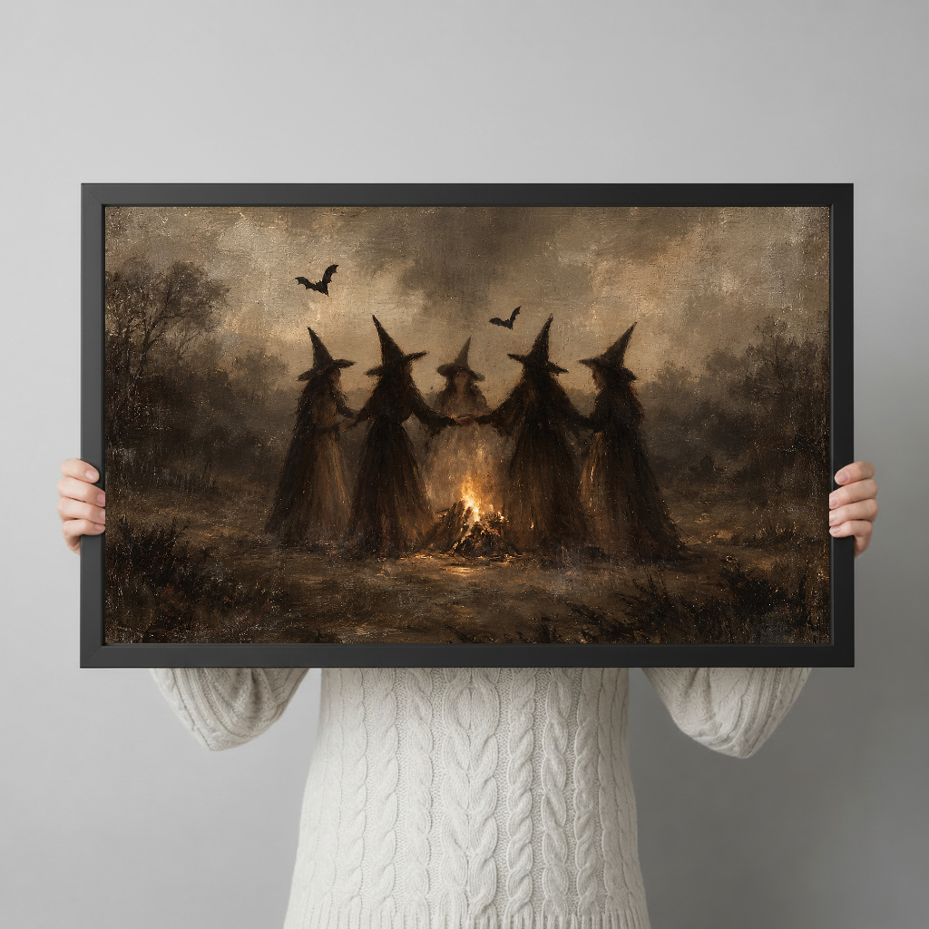 A person holds framed witches around a bonfire artwork to show its horizontal shape and scale.