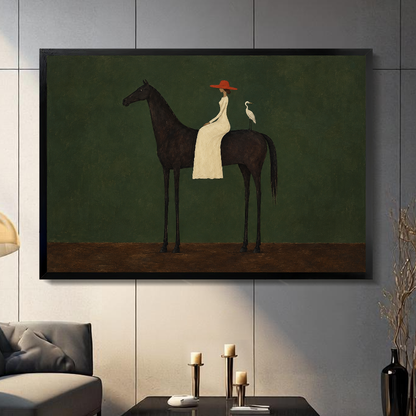 Black framed folk horse rider and bird canvas artwork on a gray wall in a neutral room.