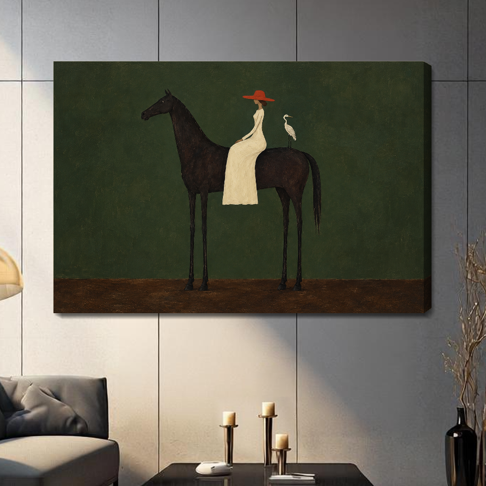 Stretched canvas folk horse rider and bird artwork with visible side depth in a softly lit room.