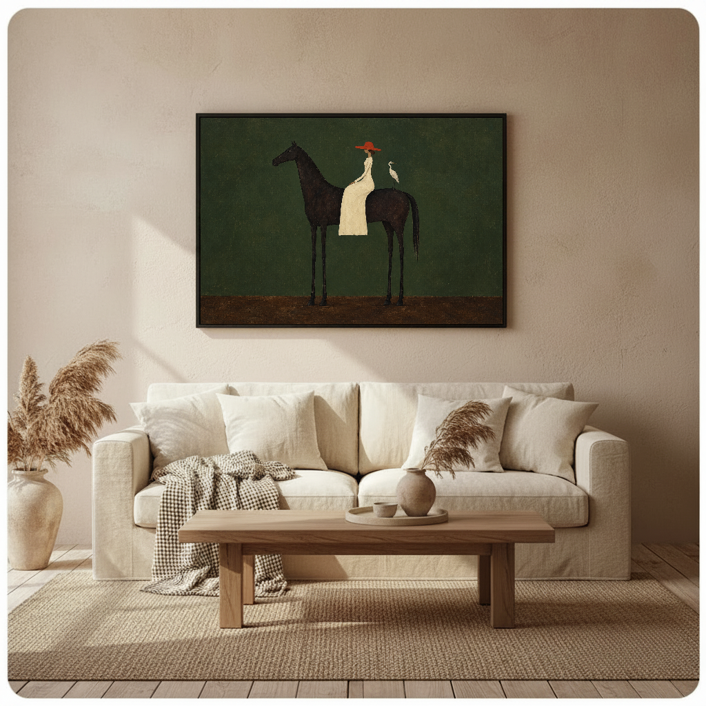 Framed folk horse rider and bird wall art displayed above a neutral sofa with soft cushions.