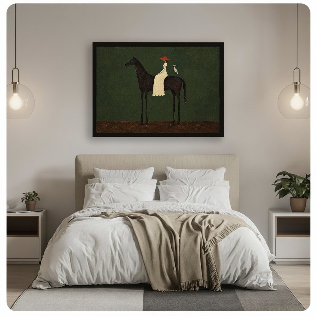 Horizontal folk horse rider and bird canvas artwork above a bed in a calm bedroom setting.