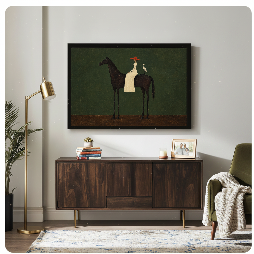 Framed folk horse rider and bird artwork displayed above a wooden cabinet with decorative accents.
