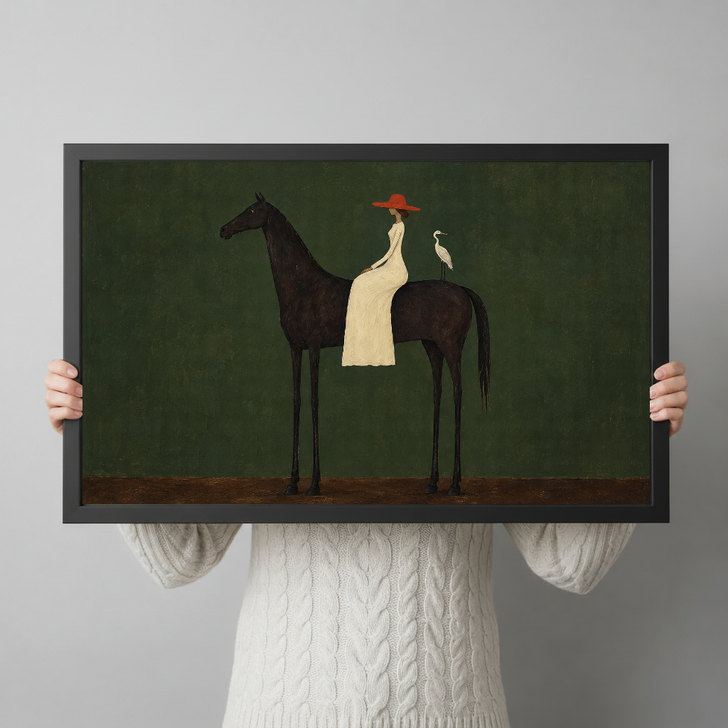 A person holds the framed folk horse rider and bird artwork to show its horizontal shape and scale.