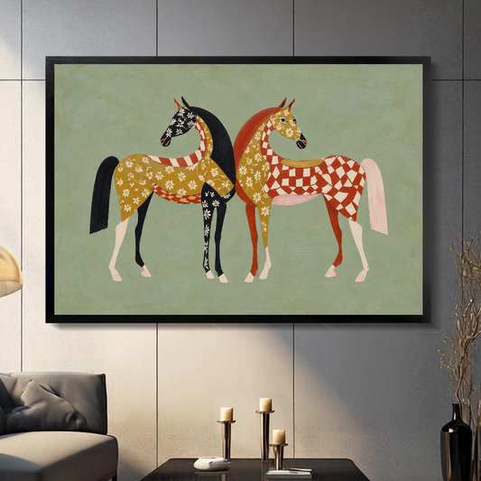 Black framed folk horses canvas artwork displayed in a neutral interior with visible frame depth.