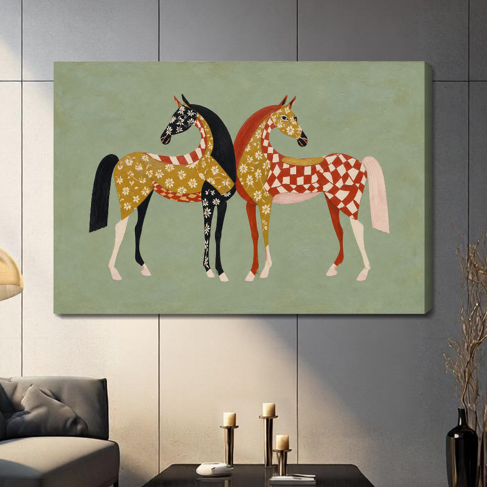 Stretched folk horses canvas artwork displayed with continuous wrapped edges and soft side shadows.