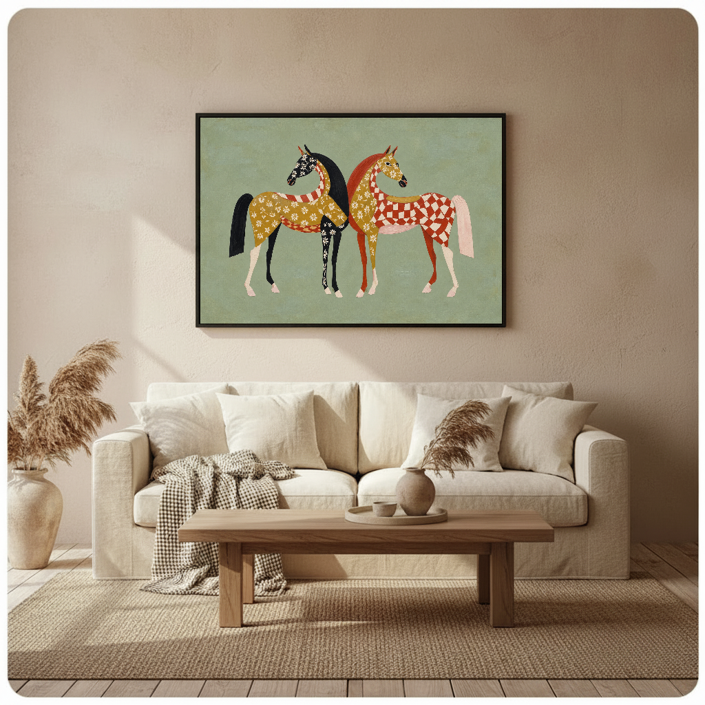 Framed folk horses wall artwork displayed above a neutral sofa in a softly styled room.