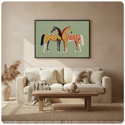 Framed folk horses wall artwork displayed above a neutral sofa in a softly styled room.
