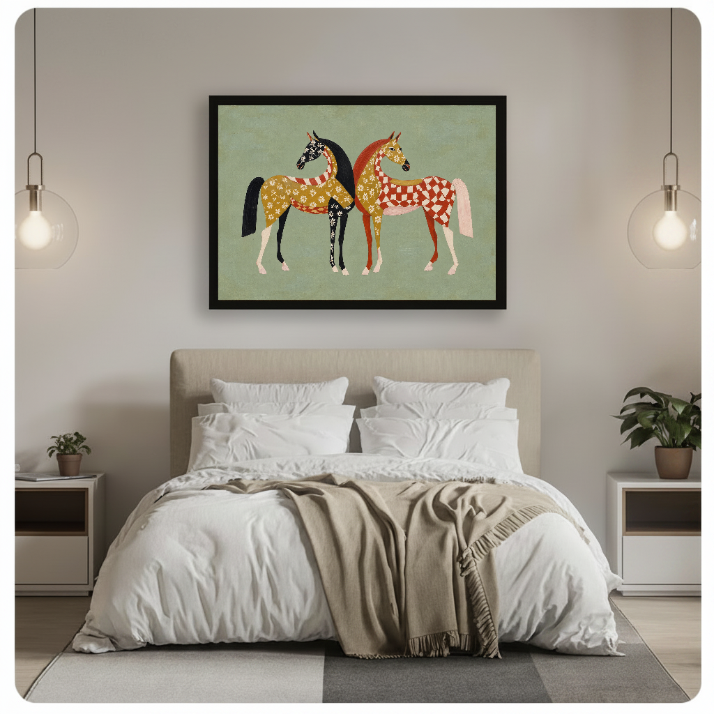 Horizontal folk horses canvas artwork displayed above a bed in a calm bedroom setting.