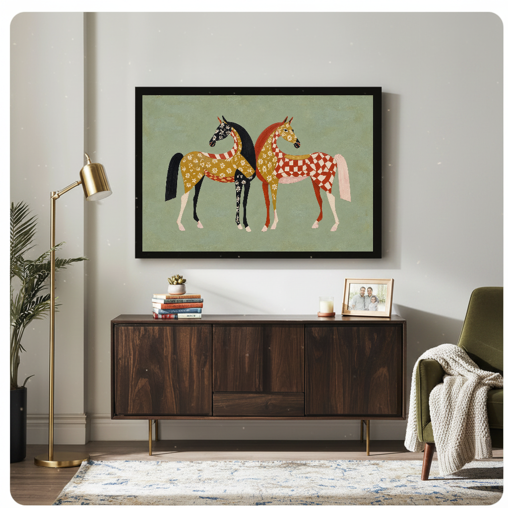 Framed folk horses canvas artwork displayed above a wooden cabinet with decorative objects.