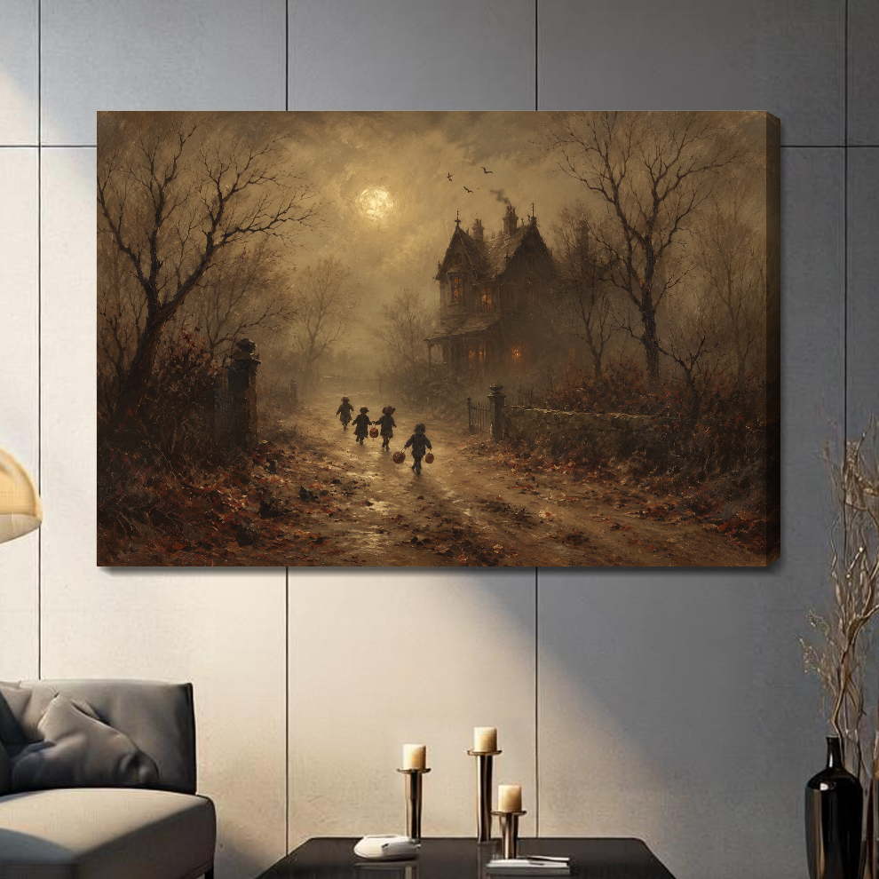 Stretched canvas moonlit haunted house artwork with visible side depth against a gray wall.