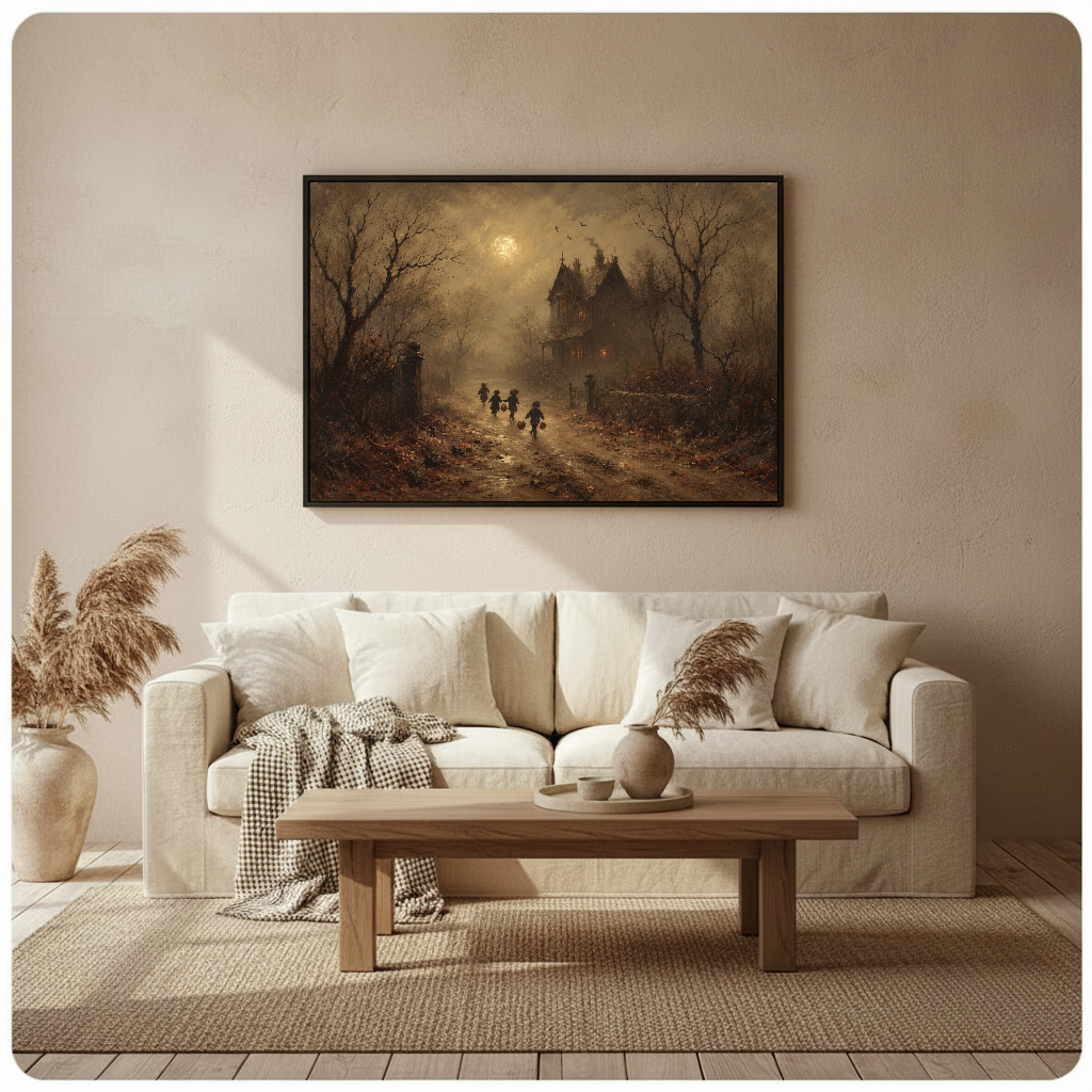 Framed moonlit haunted house wall art displayed above a neutral sofa with soft cushions.