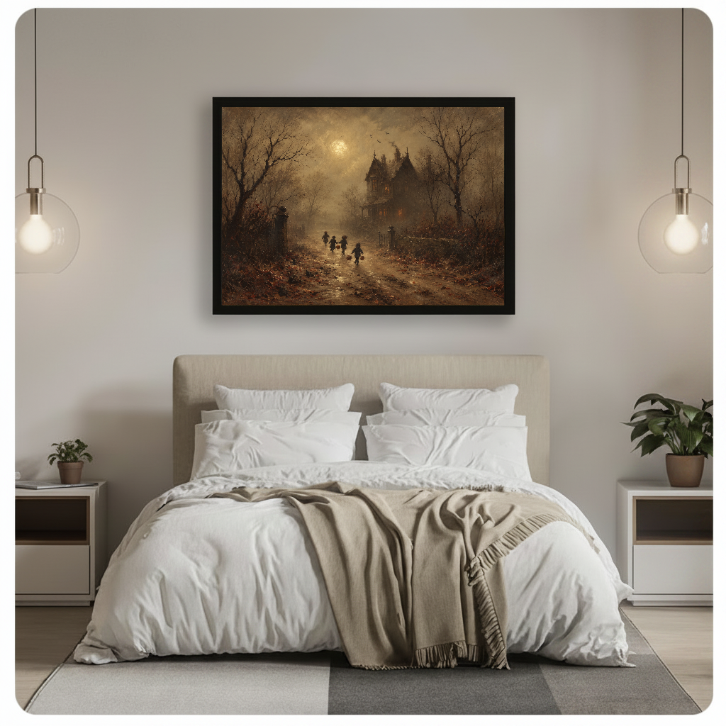 Horizontal moonlit haunted house canvas artwork above a bed in a calm bedroom setting.