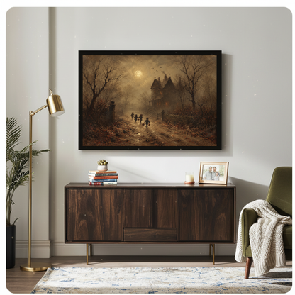 Framed moonlit haunted house artwork displayed above a wooden cabinet with decorative accents.
