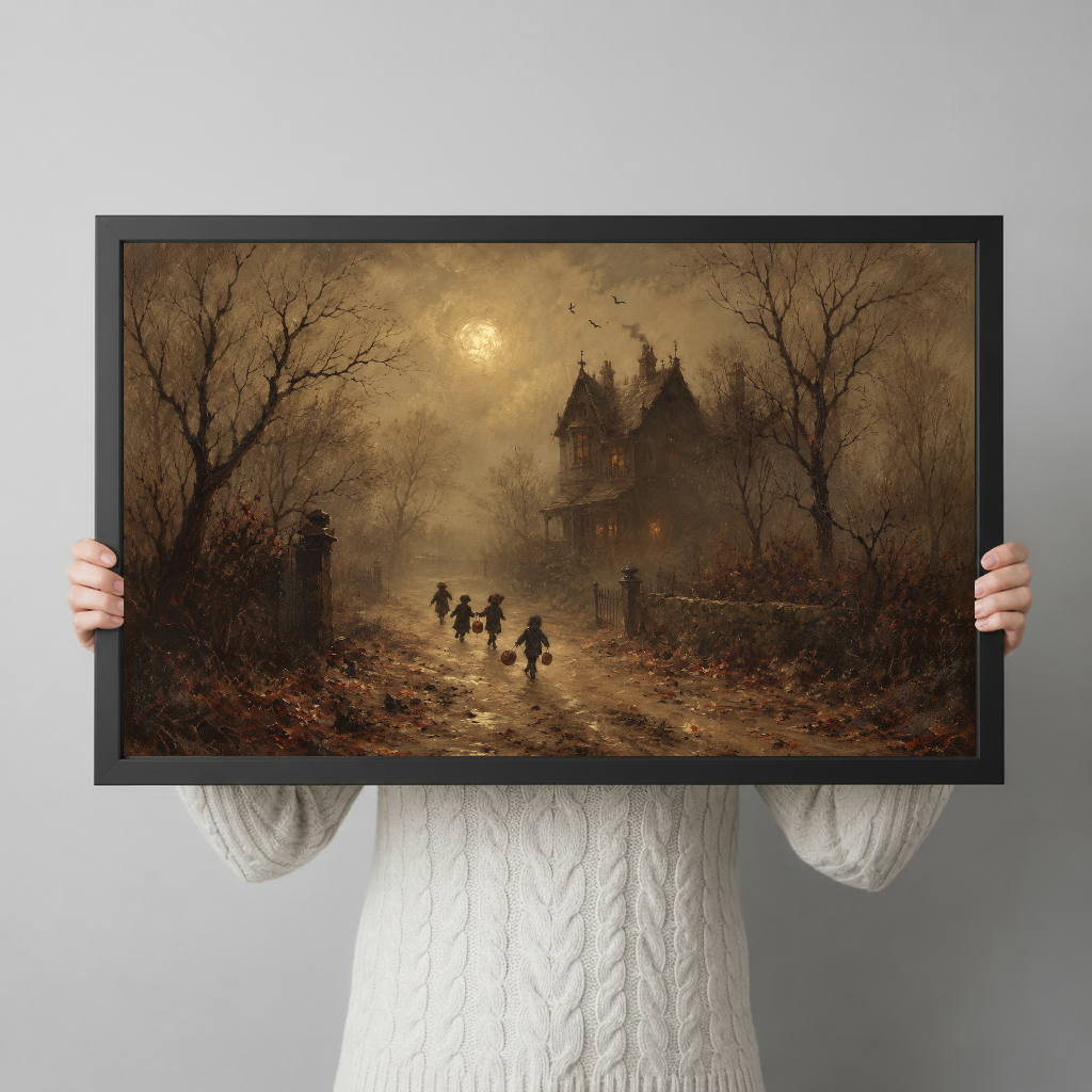 A person holds framed moonlit haunted house artwork to show its horizontal shape and scale.