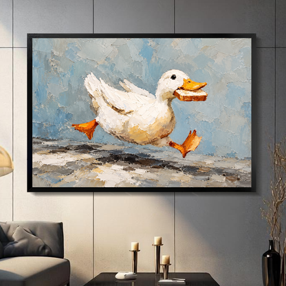 Black framed running duck with toast canvas artwork displayed on a gray wall in a neutral room.