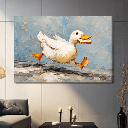 Stretched canvas running duck with toast artwork with visible side depth against a gray wall.