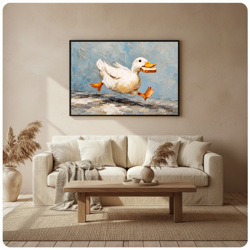 Framed running duck with toast wall art displayed above a neutral sofa with soft cushions.