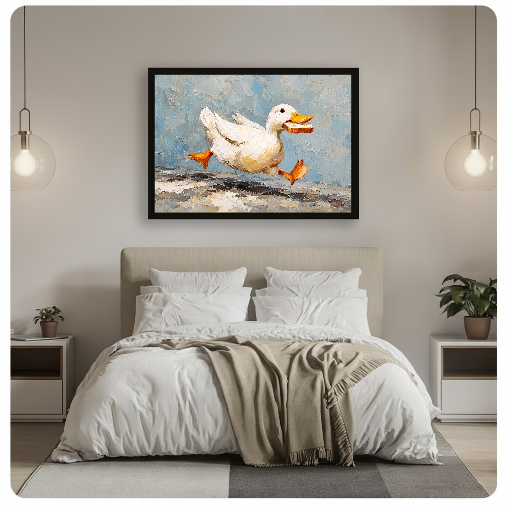 Horizontal running duck with toast canvas artwork above a bed in a calm bedroom setting.