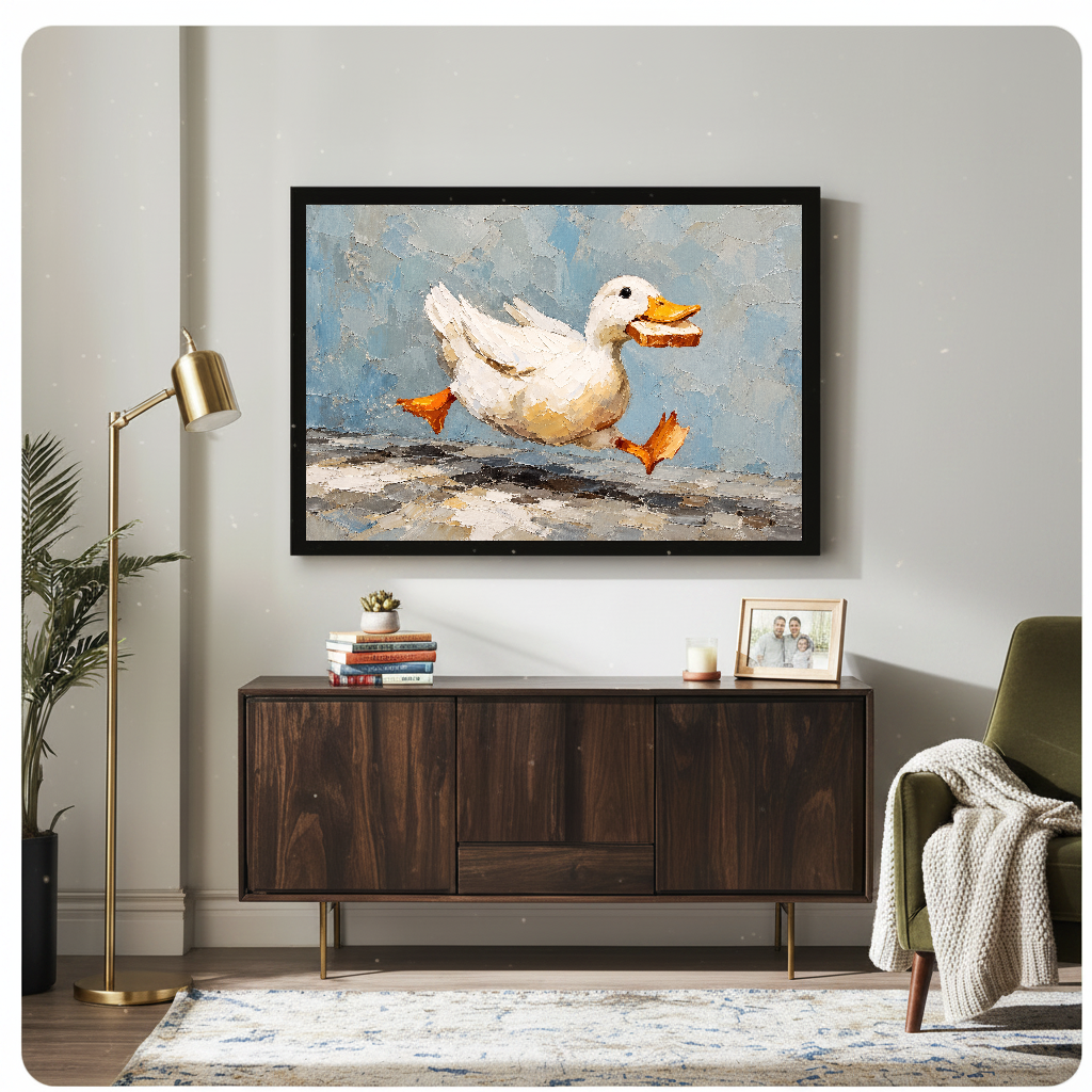 Framed running duck with toast artwork displayed above a wooden cabinet with decorative accents.