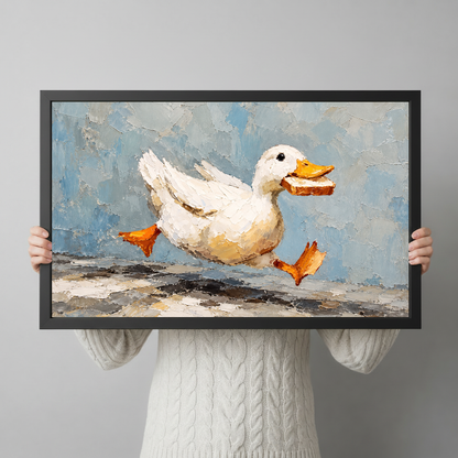 A person holds framed running duck with toast artwork to show its horizontal shape and scale.