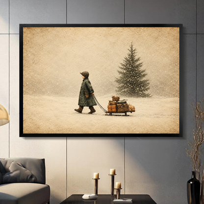 Black framed winter child and gift sled canvas artwork displayed on a gray wall in a neutral room.
