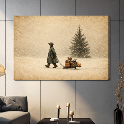 Stretched canvas winter child and gift sled artwork with visible side depth against a gray wall.
