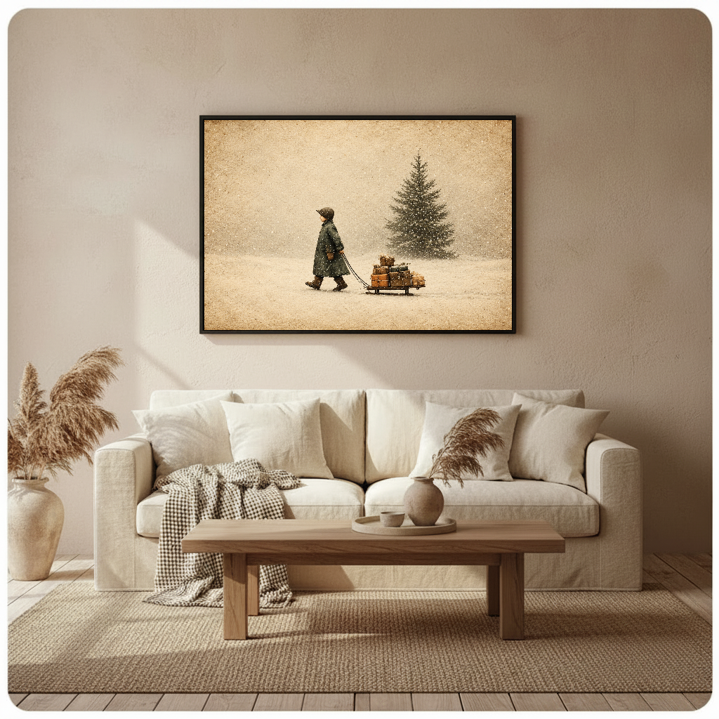 Framed winter child and gift sled wall art displayed above a neutral sofa with soft cushions.
