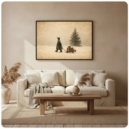 Framed winter child and gift sled wall art displayed above a neutral sofa with soft cushions.