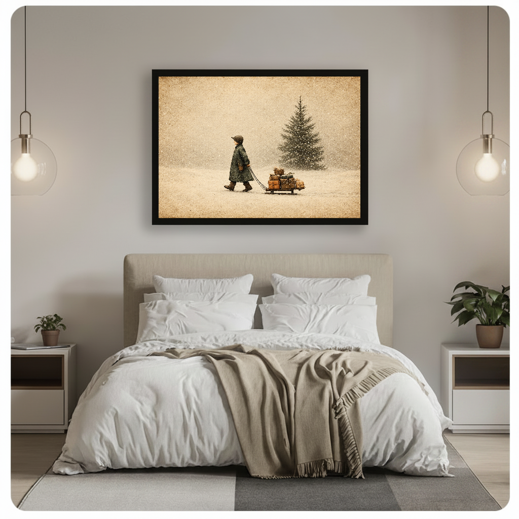 Horizontal winter child and gift sled canvas artwork above a bed in a calm bedroom setting.