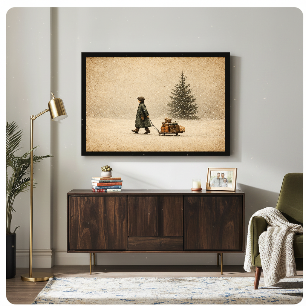 Framed winter child and gift sled artwork displayed above a wooden cabinet with decorative accents.