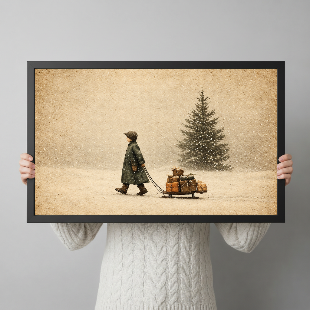 A person holds framed winter child and gift sled artwork to show its horizontal shape and scale.