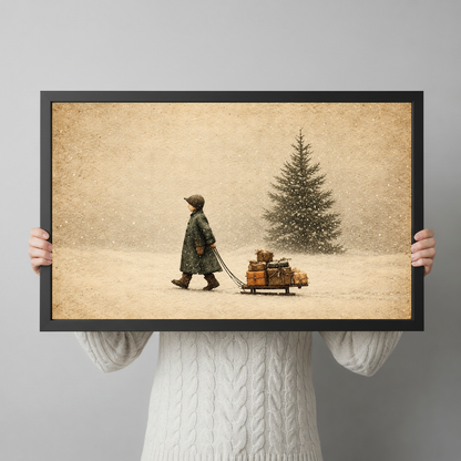 A person holds framed winter child and gift sled artwork to show its horizontal shape and scale.