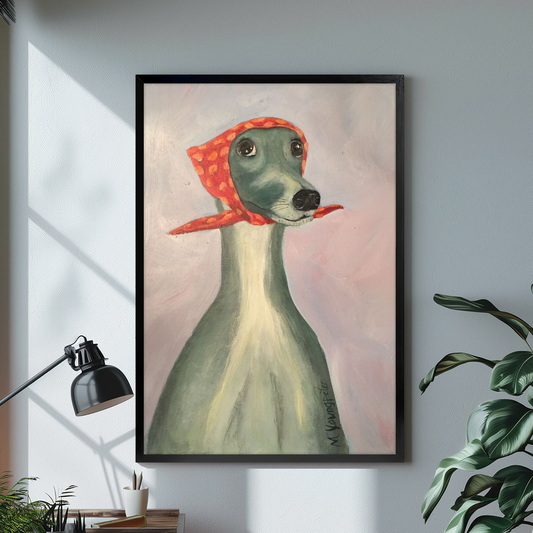 Black framed scarf greyhound canvas artwork displayed in a neutral interior with visible frame depth.