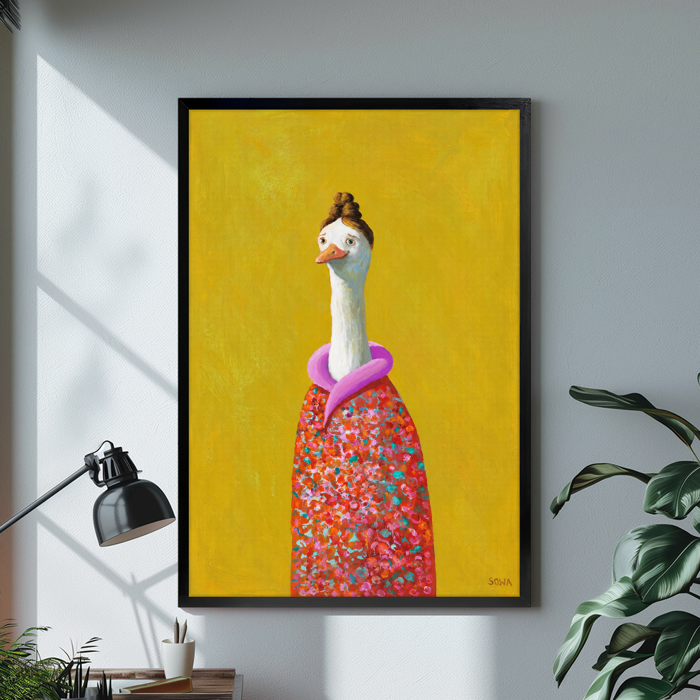 Black framed floral goose canvas artwork displayed in a neutral interior with visible frame depth.