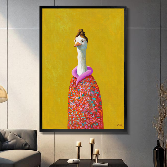 W10045 Floral Robe Goose Canvas Art — Framed canvas; warm gray living room