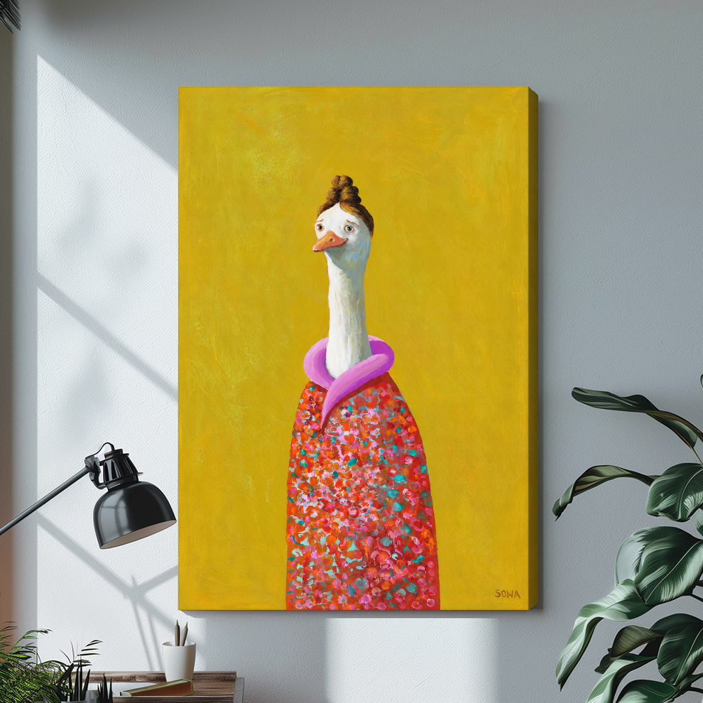 Stretched floral goose canvas artwork displayed with continuous wrapped edges and soft side shadows.