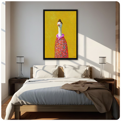 Portrait floral goose canvas artwork displayed above a bed in a softly lit bedroom.